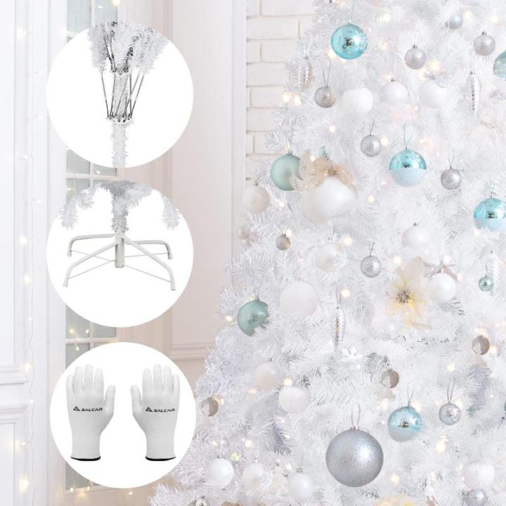 Kunstkerstboom, 180 cm, wit, kunstdennenboom met handschoenen en metalen standaard, kerstversiering voor binnen