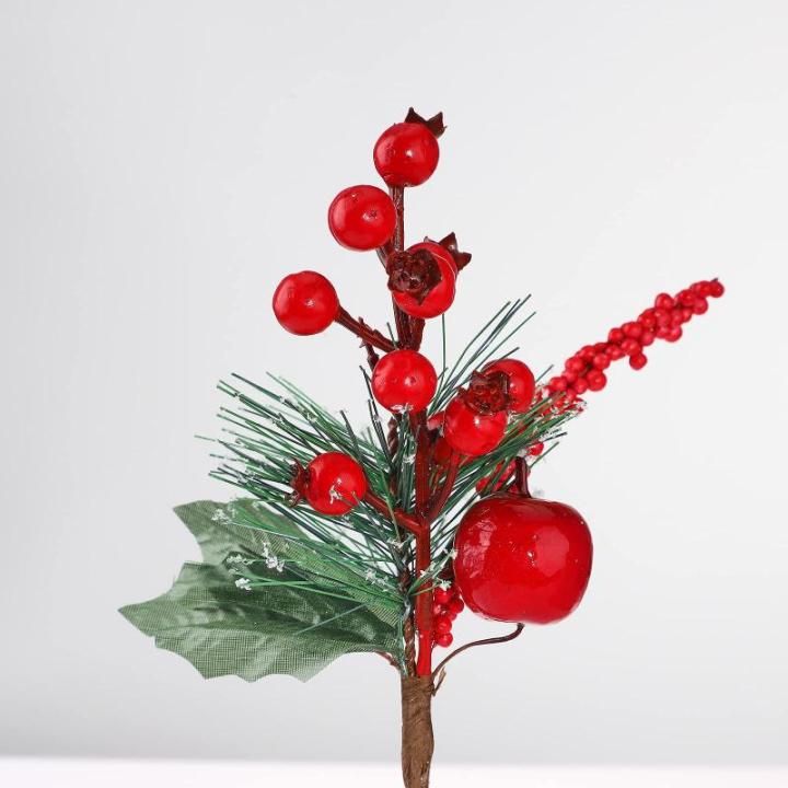 Weihnachtsstiele mit weißen Beeren, 12 Stück, künstliche immergrüne Kiefer(Red)