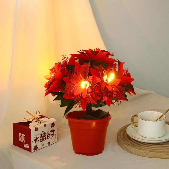 Künstlicher Weihnachtsstern Im Topf mit Licht, Künstliche Bonsai-Blume, Topfpflanze mit Topf für Weihnachtsfeier, Weihnachten, Urlaub, Zuhause, Esstisch, Büro, (A)