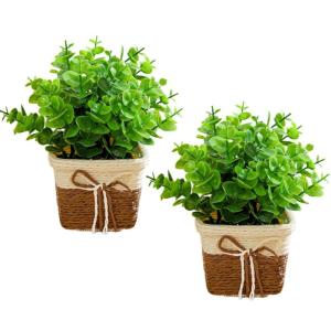 Künstliche Blüten in Töpfen 2pcs kleine realistische künstliche Eukalyptusblatt rustikaler Kunststoffpflanzen mit Weaven -Topf gefälschte Bonsai -Pflanzen Hochzeitstisch Dekor