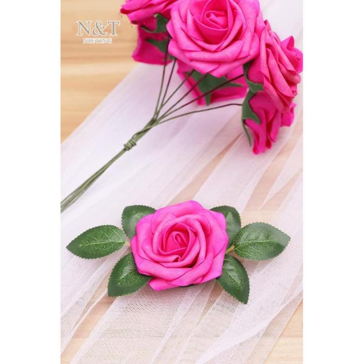 Kunstrozen, 25 stuks schuimrozen, kunstrozen met steel, voor bruiloft, boeketten, bruid, babyshower, feest, woondecoratie, fuchsia