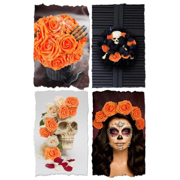 Kunstbloemen, 25 stuks, kunstrozen, bloemen met stengels, echte touch, kunstschuim, rozen voor bruiloft, boeketten, feest, kantoor, babyshower, woondecoratie, oranje