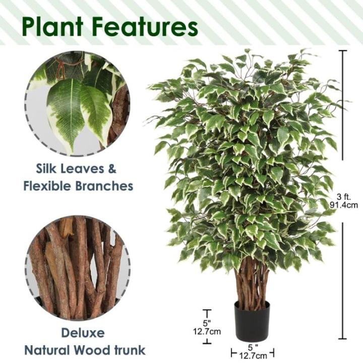 Benjamini Ficus, , grote kunstboom, kamerplant, decoratie met echte houten stam, voor kantoor, decoratie, slaapkamer, eetkamer, binnen, buiten, groen/wit, 91 cm