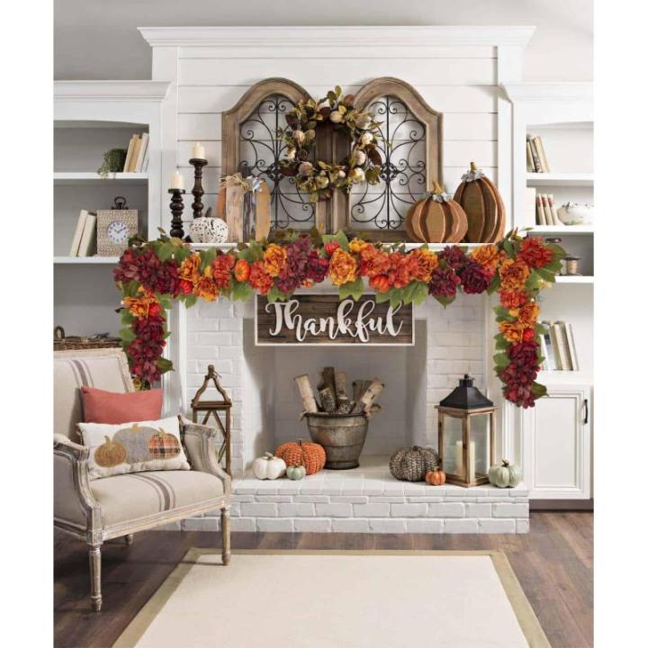 Kunstmatige herfstslinger met pioenroos, hortensia en herfst, pompoen, kunstbloemenkrans, decoratie voor tuin, bruiloft, open haard, feest, oogstfeest, herfstdecoratie