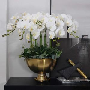 Kunstblumen Künstliche Blumen im Topf, Wohnzimmer, große Simulationsblume, weiße Phalaenopsis, Florale Ornamente mit Goldener Metallvase für jeden Anlass
