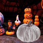 Kunstkürbisse aus Samt für Herbstdekoration für Thanksgiving und Halloween-Feiern (grau)