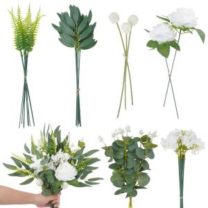 45 Stück Künstliche Zweige & Kunstblumen Wie Echt, Weiß Blumen Blätter Eukalyptus Hortensien Künstlich Dekozweige Kunst Blumen Kunstblumenstrauss für DIY Blumenstrauß Brauts