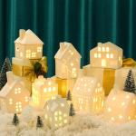 26 stuks keramische kerstdorpset 8 LED kersthuizen 16 kerstbomen voor boerderij 2 straatlantaarns kerstscène decoratie wit porselein kerstdecoratie figuren voor tafel