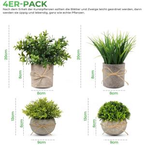 Set van 4 , met potten, decoratieve planten, mini-, plastic, nepplanten met jute koord voor kantoor, balkon, decoratie, boeken, slaapkamer, badkamer, vensterbank