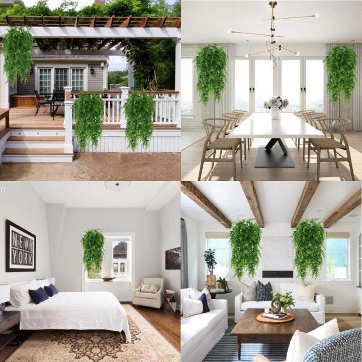 2-Pack Kunstmatige Hangende Planten nep Klimop Bladeren Boston Ferns Perzisch Rotan voor Binnen Buiten,Groen Woondecoratie Faux Wijnstok voor Tuin/Slaapkamer/Boerderij Esthetische 