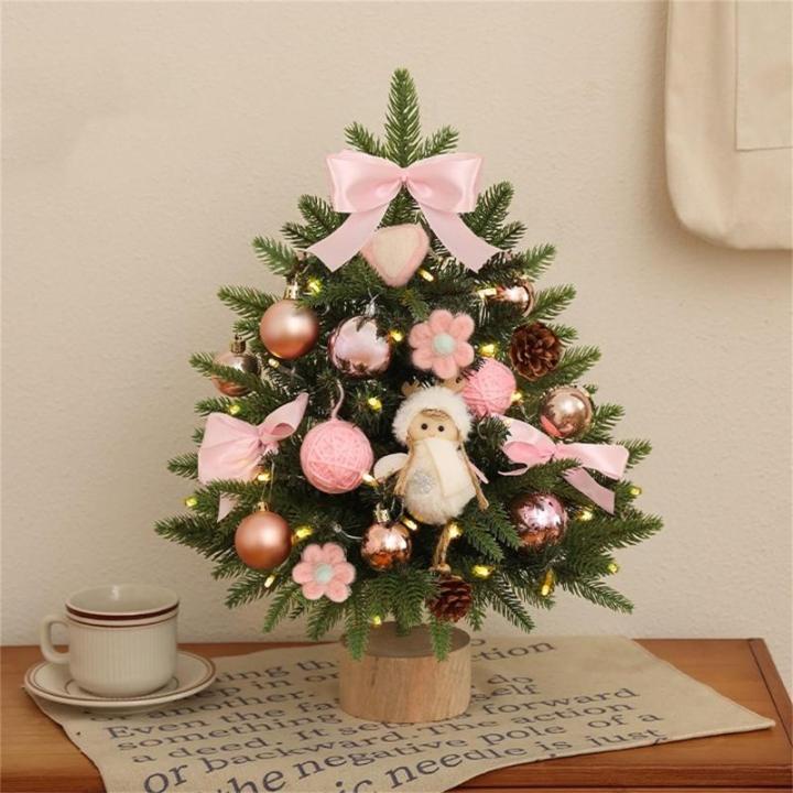 Mini Weihnachtsbaum, Weihnachtsbaumschmuck, Weihnachtsbaum Klein Beleuchtet, mit Weihnachtsschmuck und Holzsockel für Weihnachtsurlaub Party Home Office Decor (Rosa Set,45 cm)