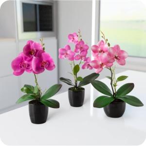 in pot (35 cm), set van 3 kunstorchideeën, kunstmatig afgestemde arrangement in hoogglans-keramische potten, decoratieve kunstorchideeën (rosé-arrangement)