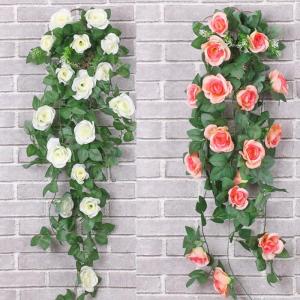 2 stuks kunstbloemen, hangende rozen, kunstbloemen, 95 cm, hangende bloemen, rozenrank, kunsthangplanten, zijden bloemen, plastic bloemen, bruiloftsdecoratie, tuin, muur (wit + cha