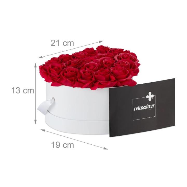 Rozenbox hart, 18 rozen, stabiele bloemenbox, wit, 10 jaar houdbaar, cadeau-idee, decoratieve bloemenbox, rood, 13 x 21 x 19 cm