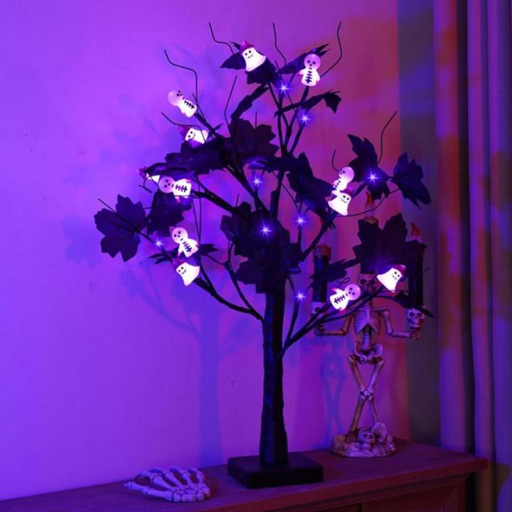 Halloween Dekor Innen Schwarz Ahornblatt Baum Lichter mit 24 LEDs,Halloween Deko Gruselig Lichterbaum mit LED Spinnenlicht,Birkenbaum mit Timer für Halloween Decoration Tischlicht