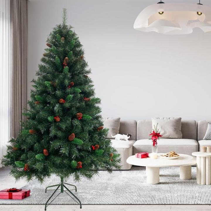 Kunstkerstboom met dennenappels en hulst met 1017 takken incl. metalen standaard, dennenboom, kunstboom (Luvi-naalden | 210cm)