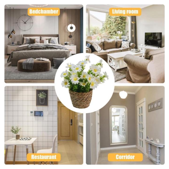 Künstliche Blumen im Topf,Künstliche Topfblumen,Blumenarrangement mit Gänseblümchen im Rattantopf | Seidiger künstlicher Gänseblümchen-Rattan-Topf-Bonsai für die Tischdekor