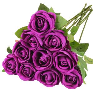 Kunstrozen, 10 stuks realistische zijden bloemen, enkele lange steel, namaakrozen, bruidsboeket voor bruiloft, thuis, feest, arrangement, hotel, tuindecoratie (paars, 51 cm)