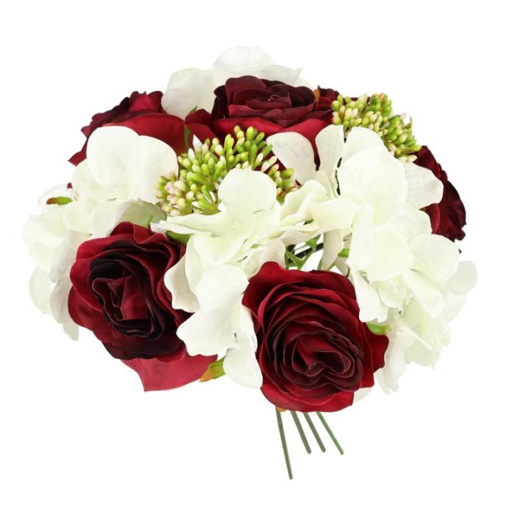 Kunstrozenboeket met hortensia, rozen, boeket, kunstboeket, zijden bloemen, boeket, hortensia-boeket, kunstbloemen, bruiloft, wijnrood/wit