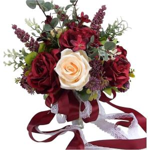 Hochzeitsstrauß for die Braut mit künstlichen Blumen, 10-Zoll-Hochzeitssträuße, künstlich blühende Rosen, Brautjungfernstrauß, Seidenrosen-Wurfsträuße.(Red)