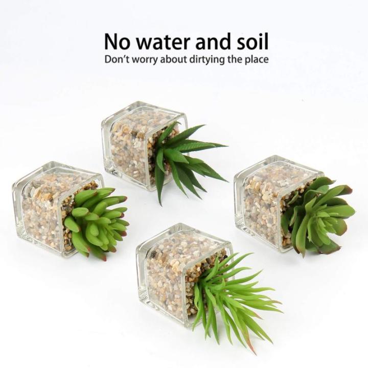 Kunstplant kunstmatige vetplant kamerplant decoratieve woonkamer, badkamer decoratieve plant vetplant, hoogte 10,5 cm, in glazen pot, set van 4