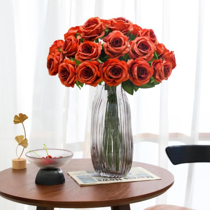 10 stuks kunstmatige rozenbruine bloemen, realistisch boeket, neprozen met enkele steel voor thuis, feest, bruiloft, boeket (verbrand oranje)