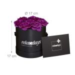 Rozenbox rond, 8 rozen, stevige bloemendoos zwart, 10 jaar houdbaar, cadeau-idee, decoratieve bloemenbox, paars, 17 x 17 x 17 cm