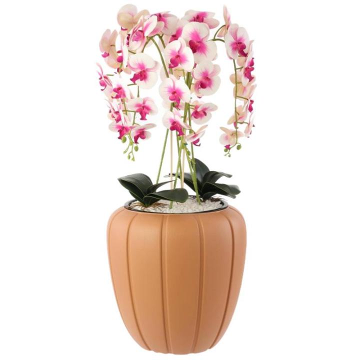 Kunstorchidee cascade bloemenboeket crèmerosa in pot, terracotta, 90 cm hoog, rubberen bloemen, 5 scheuten, decoratie voor thuiskantoor