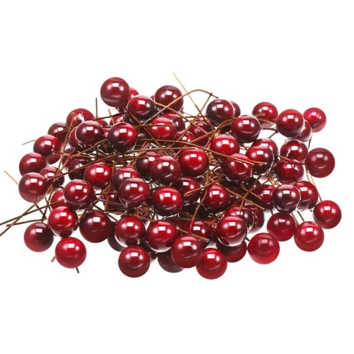 Künstliche Holly Beeren, 100 Stück Mini 10 mm Gefälschte Beeren Dekor auf Draht für Weihnachtsbaum Dekoration Blumenkranz DIY Handwerk Verwenden (Weinrot)