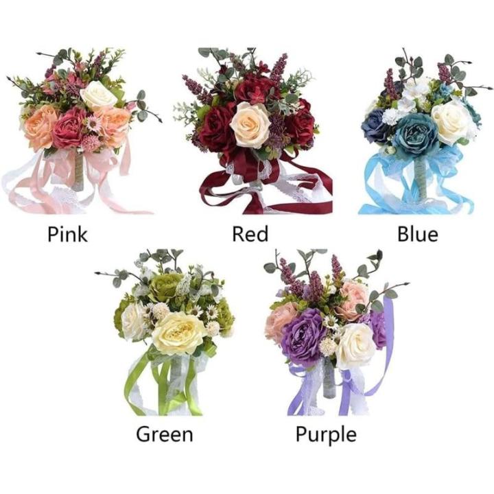 Hochzeitsstrauß for die Braut mit künstlichen Blumen, 10-Zoll-Hochzeitssträuße, künstlich blühende Rosen, Brautjungfernstrauß, Seidenrosen-Wurfsträuße.(Green)