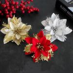 12 stuks kerstdecoratie, kunstbloemen voor Kerstmis, kerstster, kunstdecoratie, bloemen, fonkelende kerstster, bloemen, glitter, kerstboomdecoratie (rood + goud)