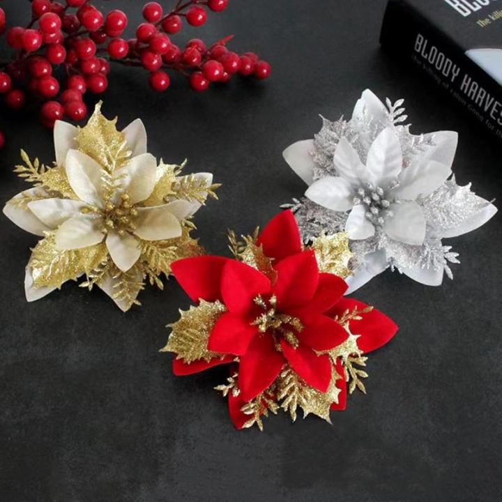 12 stuks kerstdecoratie, kunstbloemen voor Kerstmis, kerstster, kunstdecoratie, bloemen, fonkelende kerstster, bloemen, glitter, kerstboomdecoratie (rood + goud)