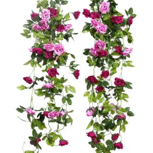 2 stuks 240 cm lange tweekleurige kunstrozenslinger-ranken, hangende zijden bloemen, voor buiten- en binnen, bruiloft- en muurdecoratie (magenta)