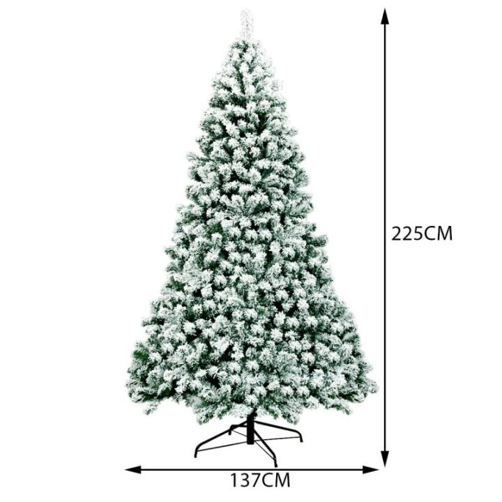 Kunstkerstboom met sneeuw en warmwitte ledverlichting, dennenboom met metalen standaard, pvc-naalden, kunstboom, kerstgroen, 225 cm, 135/180/225 cm