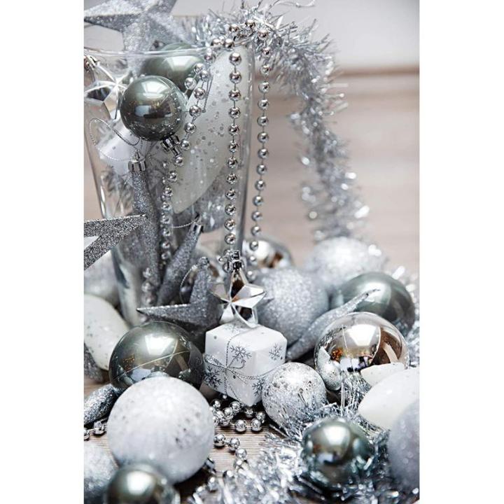 Kerstboomversiering - zilver - 60-delig - set incl. boompunt, ballen, parelketting, slinger en sterren - kunststof