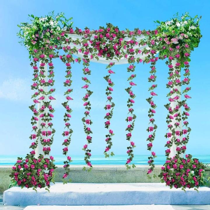 guirlande met kunstrozen, 2 stuks, 220 cm, hangende bloemen van zijde voor outdoor, indoor, bruiloft, badkamer en wanddecoratie (paars)