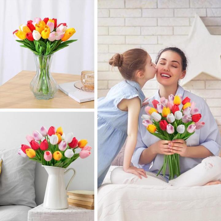 Kunsttulpen van latex, realistische kunsttulpen, boeket voor thuis, bruiloft, feest (wit + sakura-roos + zonsondergang-rood + geel + rood)