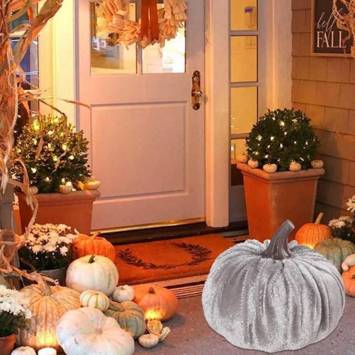 Kunstkürbisse aus Samt für Herbstdekoration für Thanksgiving und Halloween-Feiern (grau)
