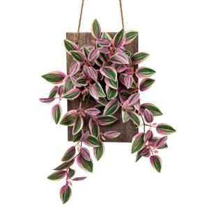 Kunstplant als echte kunstmatige tradeskantie, hangplant, decoratieve plant met houten plaat, hoogte 84 cm, voor muur, veranda, café, trap, tuin, huisdecoratie