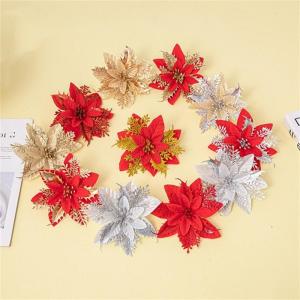 Kerstbloem, kerstster, glitter kerstbloemen, kerstster, kerstboom, bloemen, decoratie, kunstmatige kerstbloemen, kerstster, bloemen (rood, 15 stuks)