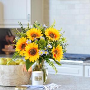 Kunstzonnebloemboeketten met stelen, premium oxidatiebestendige kunstbloemen, realistische zijden zonnebloemen voor thuis- en kantoordecoratie (blauw)