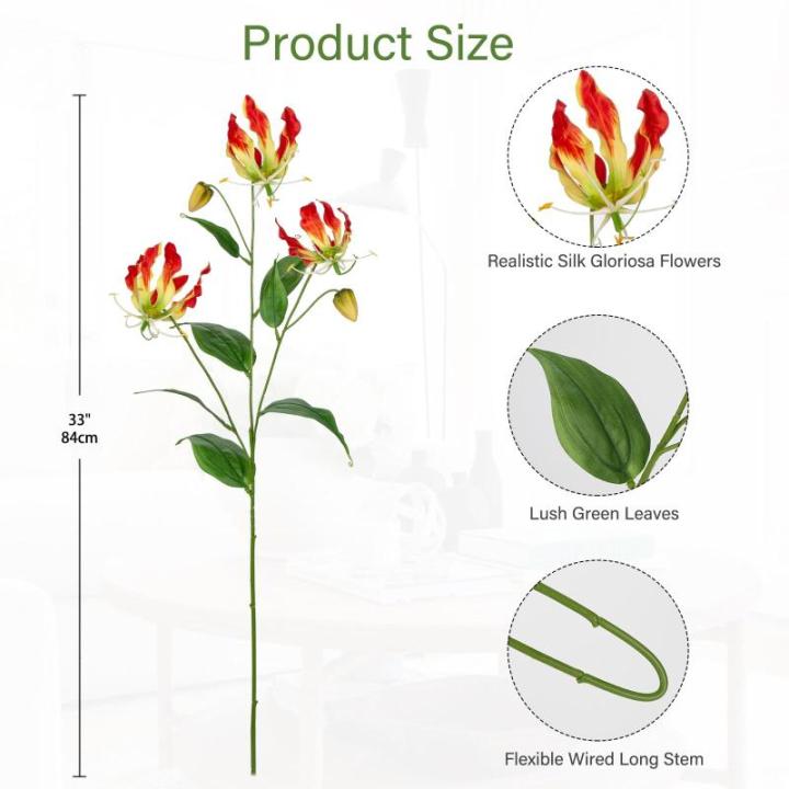 Gloriosa Lily Kunstbloemen, 3 stuks, rode klimlelie, lengte 84 cm, kunsttakken, lentebloemen, kunstplant voor bloemstuk, thuis, resto, kantoor, decoratie
