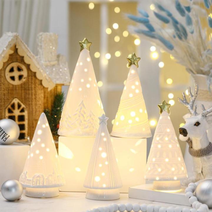 8 Stück Weihnachtsbäume aus Keramik Mini Weihnachten Tanne Figuren Porzellan Winter Deko Tannenbäume für Vintage Tisch Schreibtisch Schrank Kommode Wohnzimmer Schlafzimmer (Bel