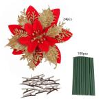 Künstliche Weihnachtsblumen, 24 Stück, Weihnachtsbaum-Blumen mit Clips, Weihnachtsbaumschmuck, künstliche Blumenornamente für Winter, Hochzeit, Party, Kranz, Dekoration (Rot + 