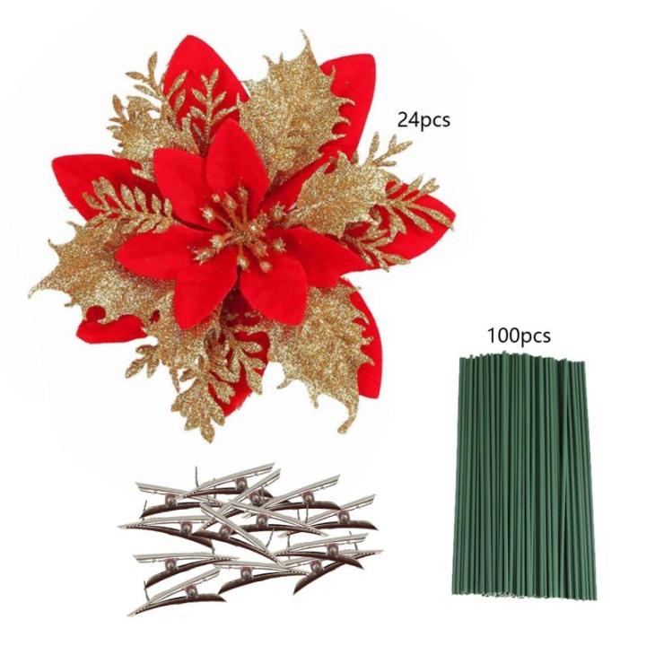 Künstliche Weihnachtsblumen, 24 Stück, Weihnachtsbaum-Blumen mit Clips, Weihnachtsbaumschmuck, künstliche Blumenornamente für Winter, Hochzeit, Party, Kranz, Dekoration (Rot + 