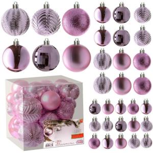roze kerstbalornamenten voor kerstversiering - 36 stuks kerstboom onbreekbare ornamenten met ophanglus voor vakantie- en feestdecoratie (combo van 6 stijlen in 3 maten)
