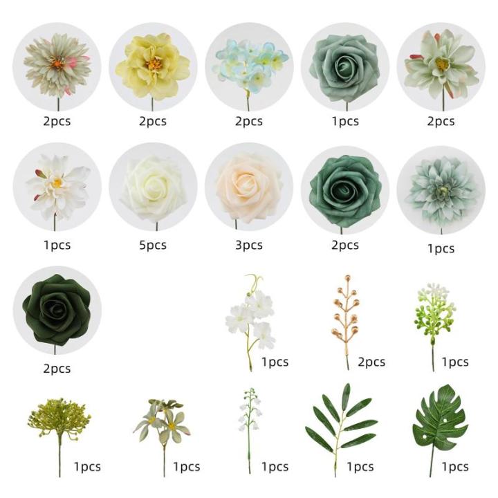 Künstliche Blumen Combo Grüne Blumen Mix Seidenblumen Dahlie Rosen mit Stielen für DIY Hochzeit Brautsträuße Babyparty Blumenarrangement Tischaufsätze Heimdekorationen