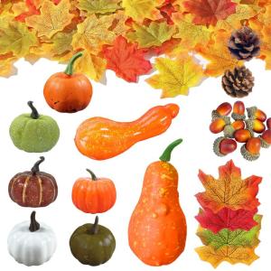 50 stuks Thanksgiving decoratieset, Halloween-bedank-pompoen-decoratieset, Thanksgiving-decoratieset, mini-pompoenset, kunstmatige esdoornbladeren, dennenappels, pompoenen en hazel
