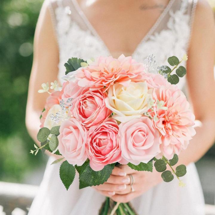 Roze kunstbloem combo nep roos faux dahlia bloemen met stengels voor doe-het-zelf bruiloft bruidsboeket feest woondecoratie (roze roze)