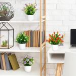 met pot, kleine potplanten, 4 stuks, kunstplant met bloemen, groene planten, decoratie, plastic planten, indoor decoratie voor kantoor, huis, balkon, woonkamer, badkamer